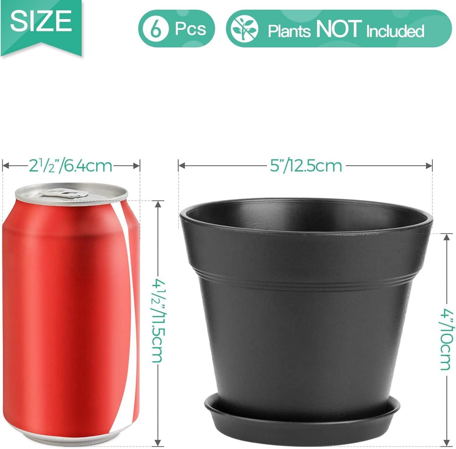 12,5cm Kunststoff Blumentopf 6er-Set mit Untersetzer Schwarz