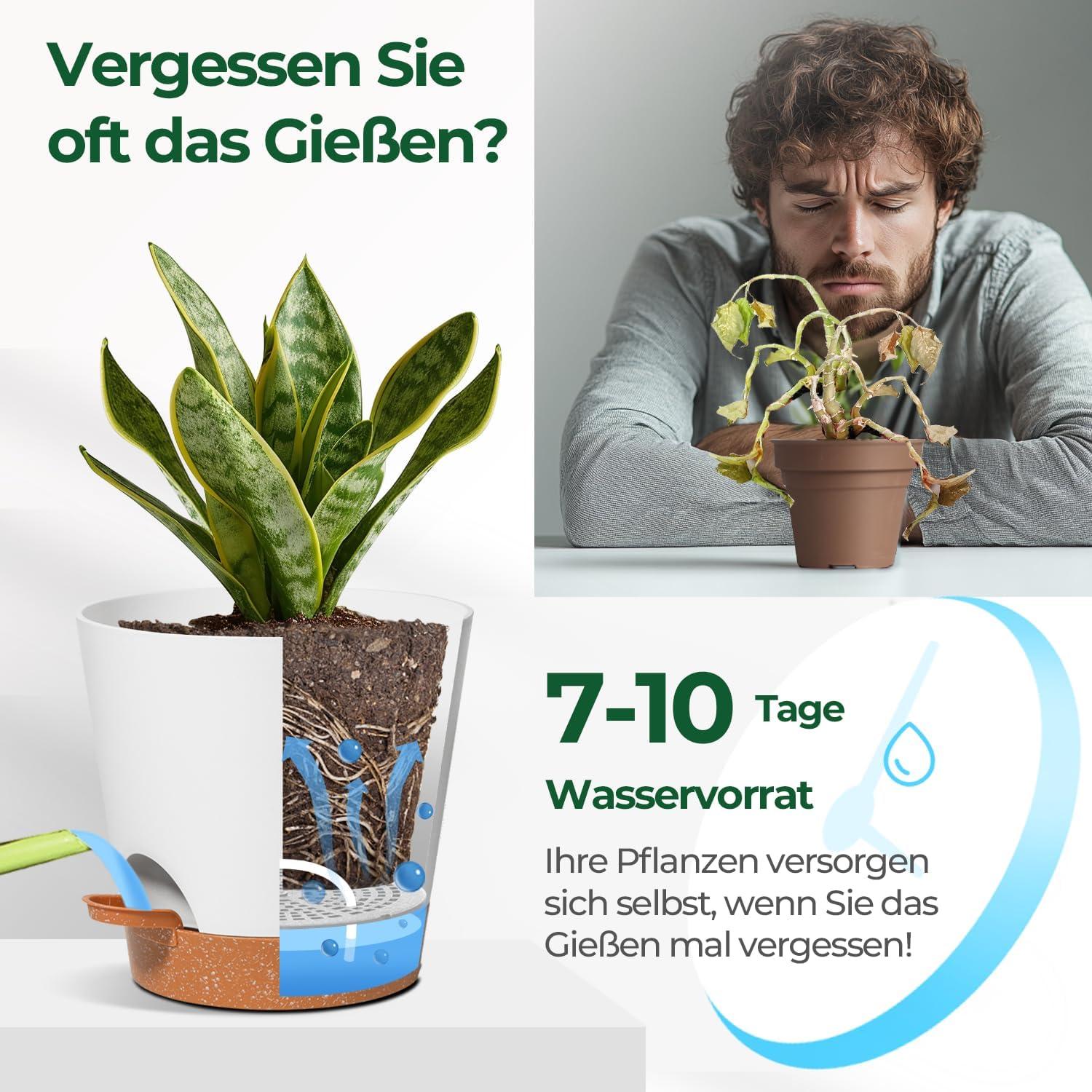 T4U 14cm Blumentopf mit Selbstbewässerung, 3er-Set mit Untersetzer, ideal für Sukkulenten und Kakteen