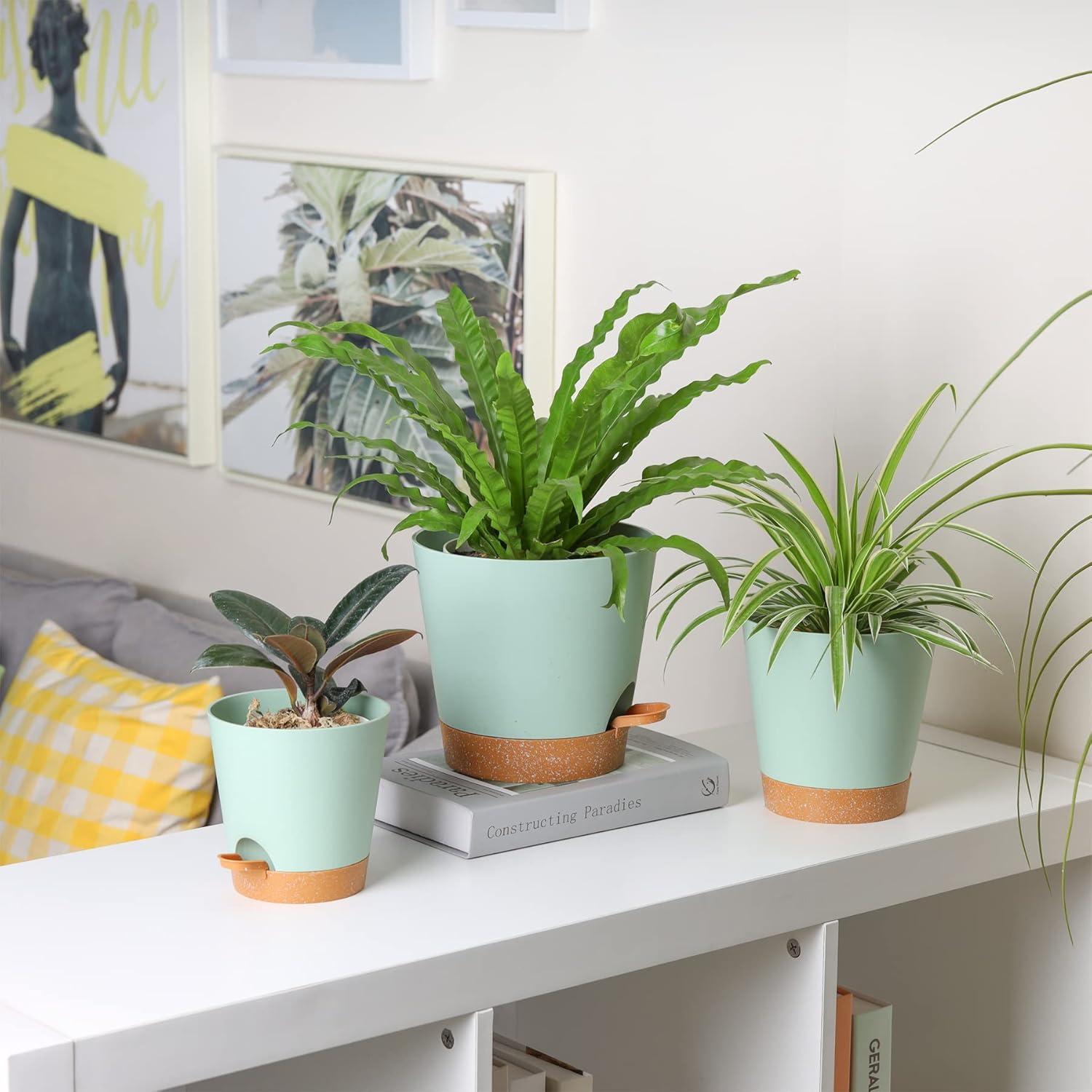 T4U Blumentopf 20cm Kunststoff Selbstbewässerung 3er-Set Grün