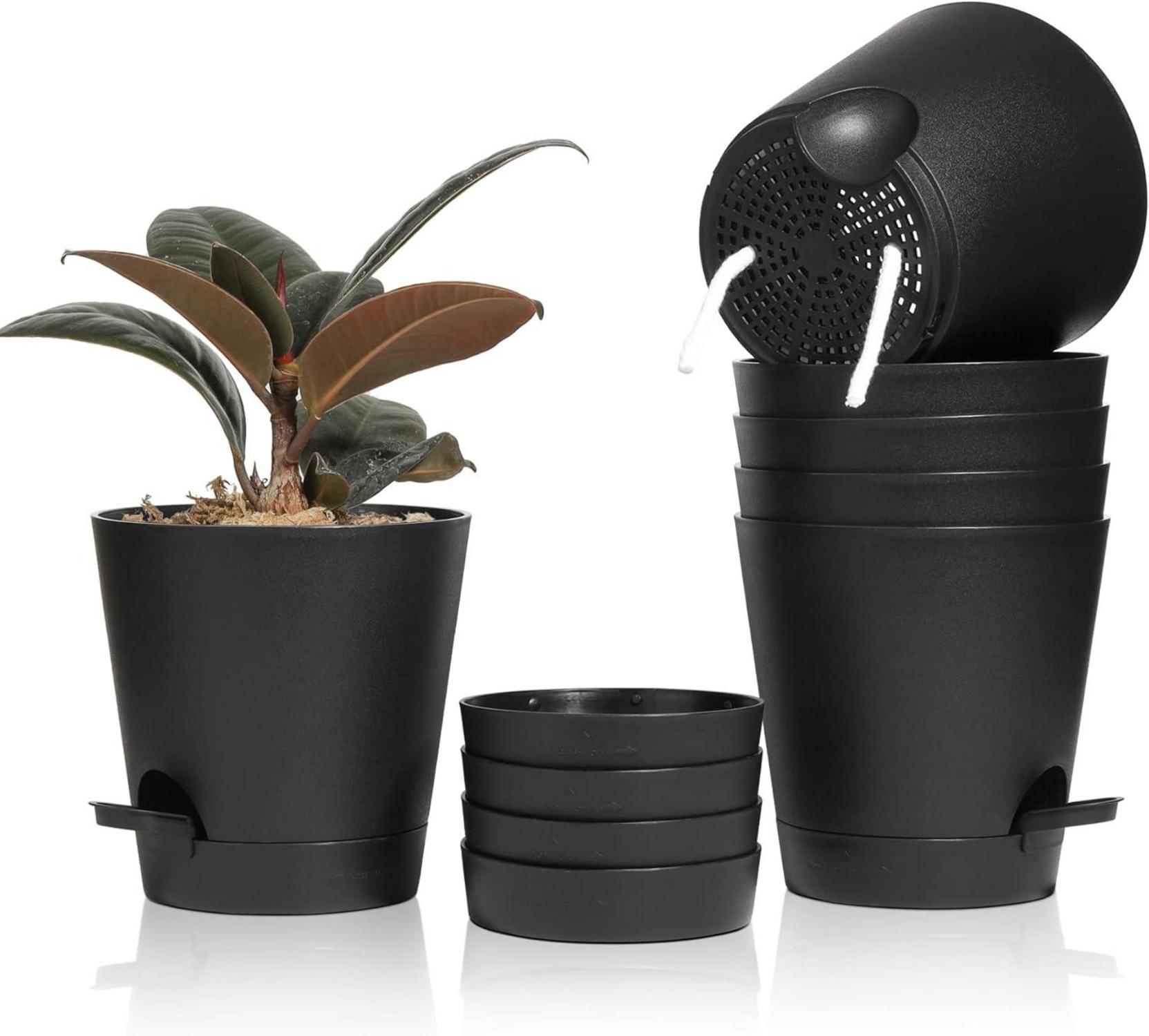 Selbstbewässernder Kunststoff Blumentopf 6er-Set Schwarz 14cm