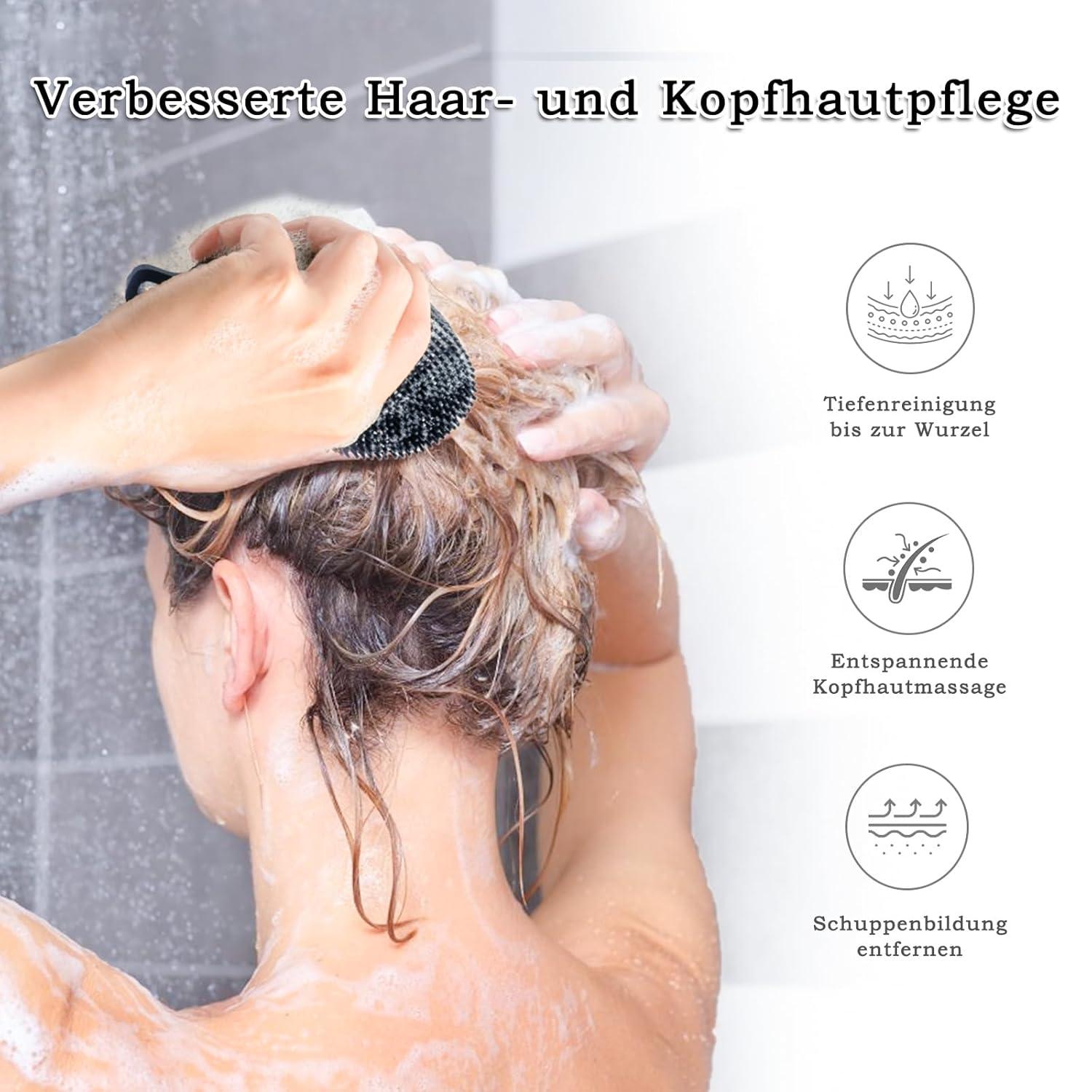 FRRETECH 2-Seitige Silikon-Körperbürste für Haut und Haarreinigung, 2-in-1 Badedusche Bürste & Shampoo, Kopfmassage Peeling Schwarz