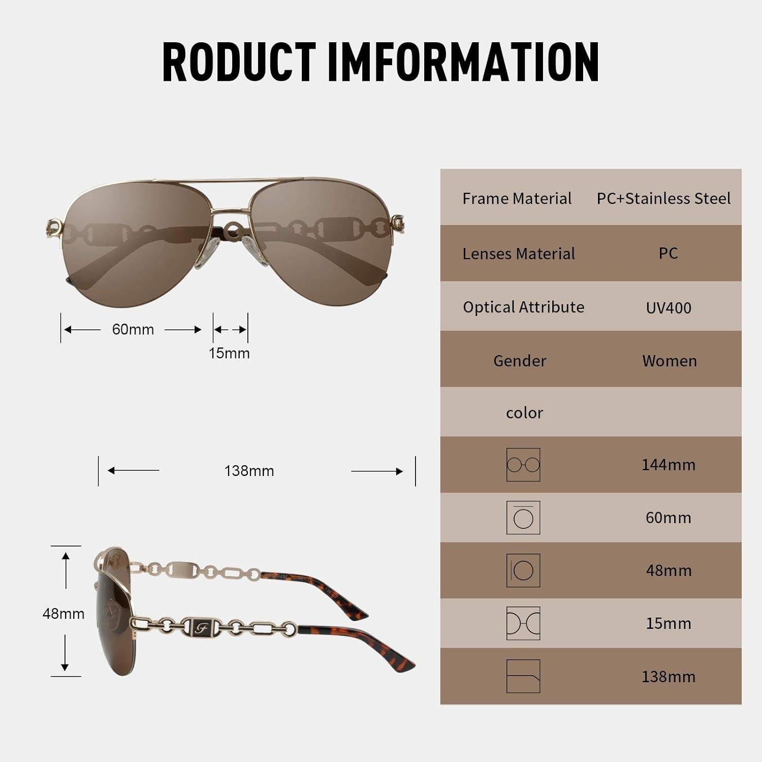 FONHCOO Verspiegelte Piloten-Sonnenbrille Damen Gold/Braun UV400