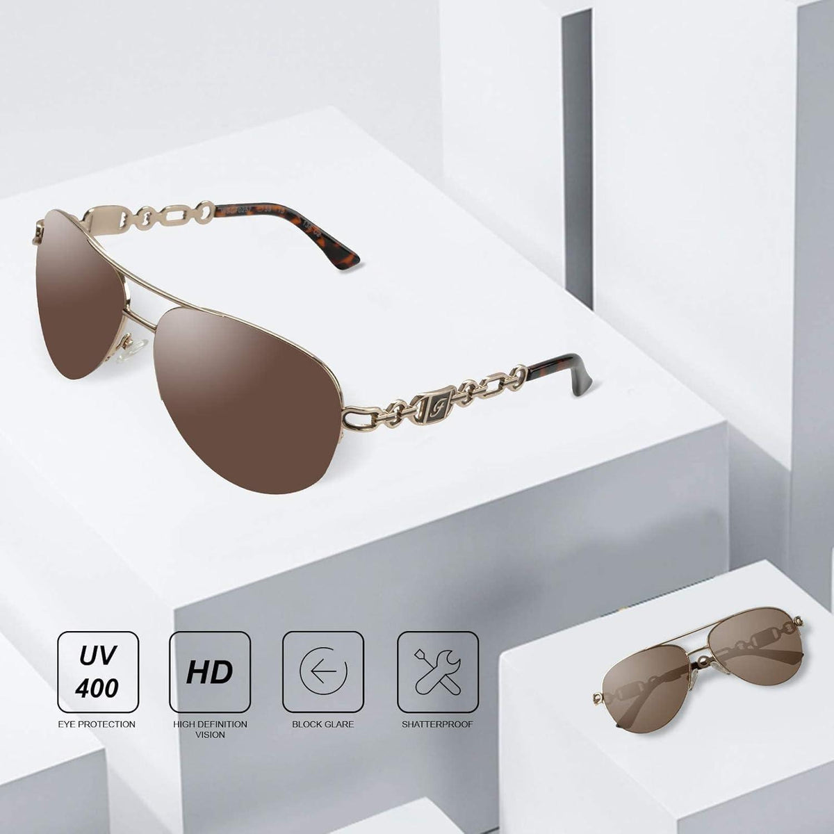 Verspiegelte Piloten Sonnenbrille Damen UV400 Gold Braun