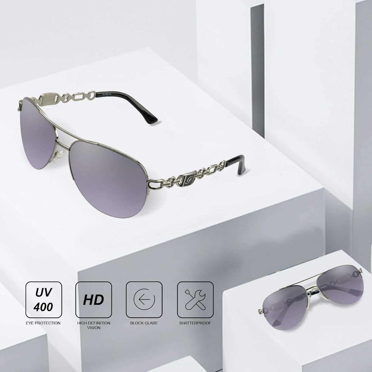 Verspiegelte Piloten Sonnenbrille Damen UV400 Grau Verlaufend Silber