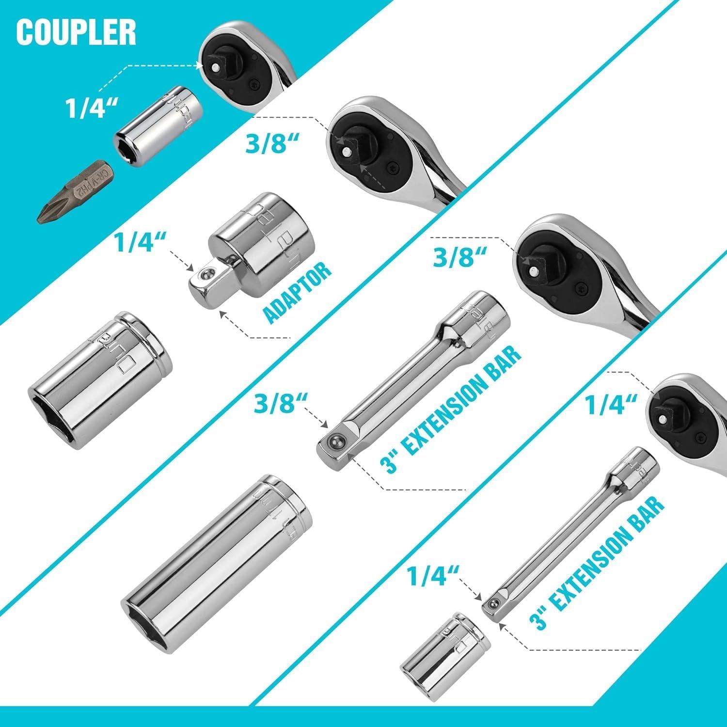 121-tlg. Steckschlüsselsatz 1/4” 3/8” Umschaltknarre Bits
