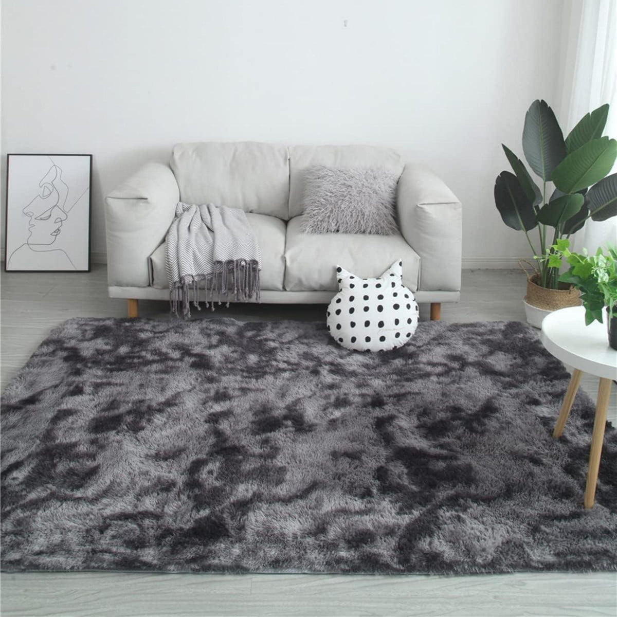 Flauschiger Teppich rund, hochflor, rutschfest, 200x250cm, Schwarz Grau