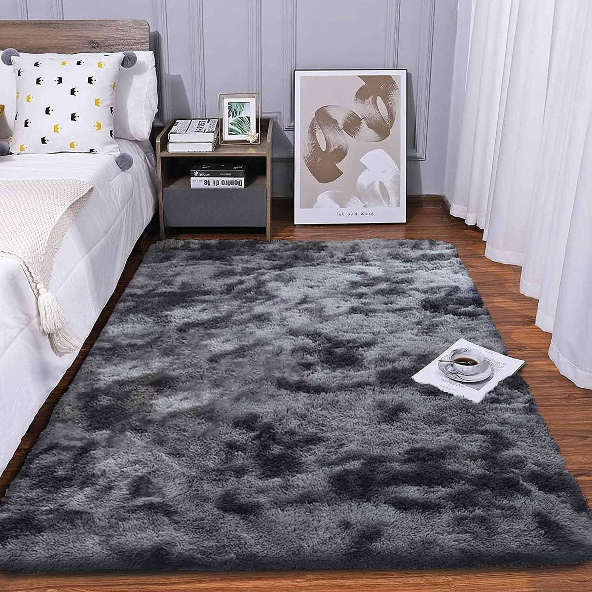 Flauschiger Teppich rund, hochflor, rutschfest, 200x250cm, Schwarz Grau