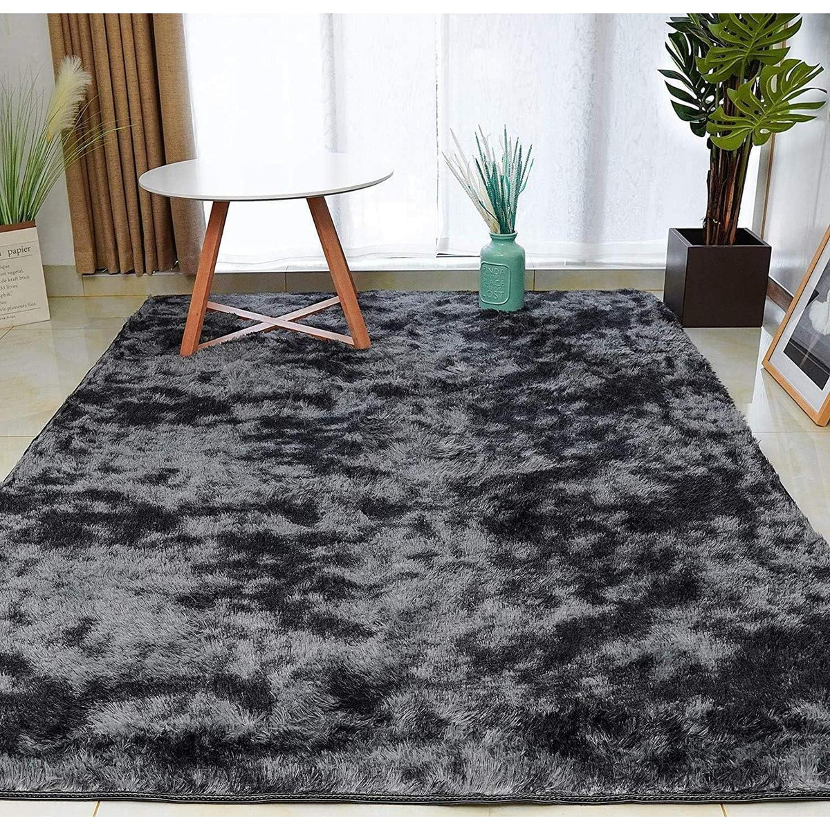 Flauschiger Teppich rund, hochflor, rutschfest, 200x250cm, Schwarz Grau