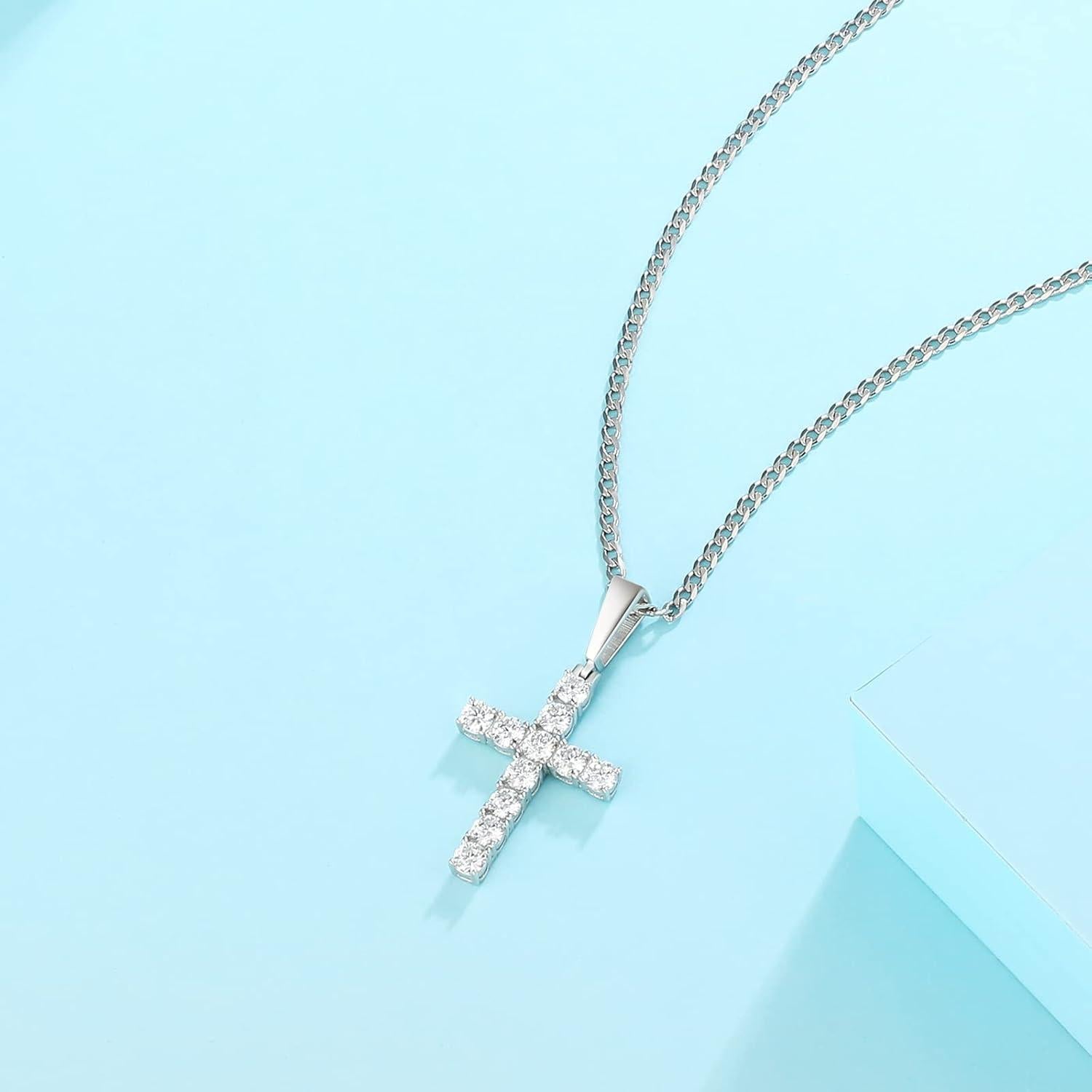 Kreuz Kette Moissanite Zirkonia Anhänger 14K Gold Weißgold 0.8/2/2.5mm Kette 41/46/51/56cm