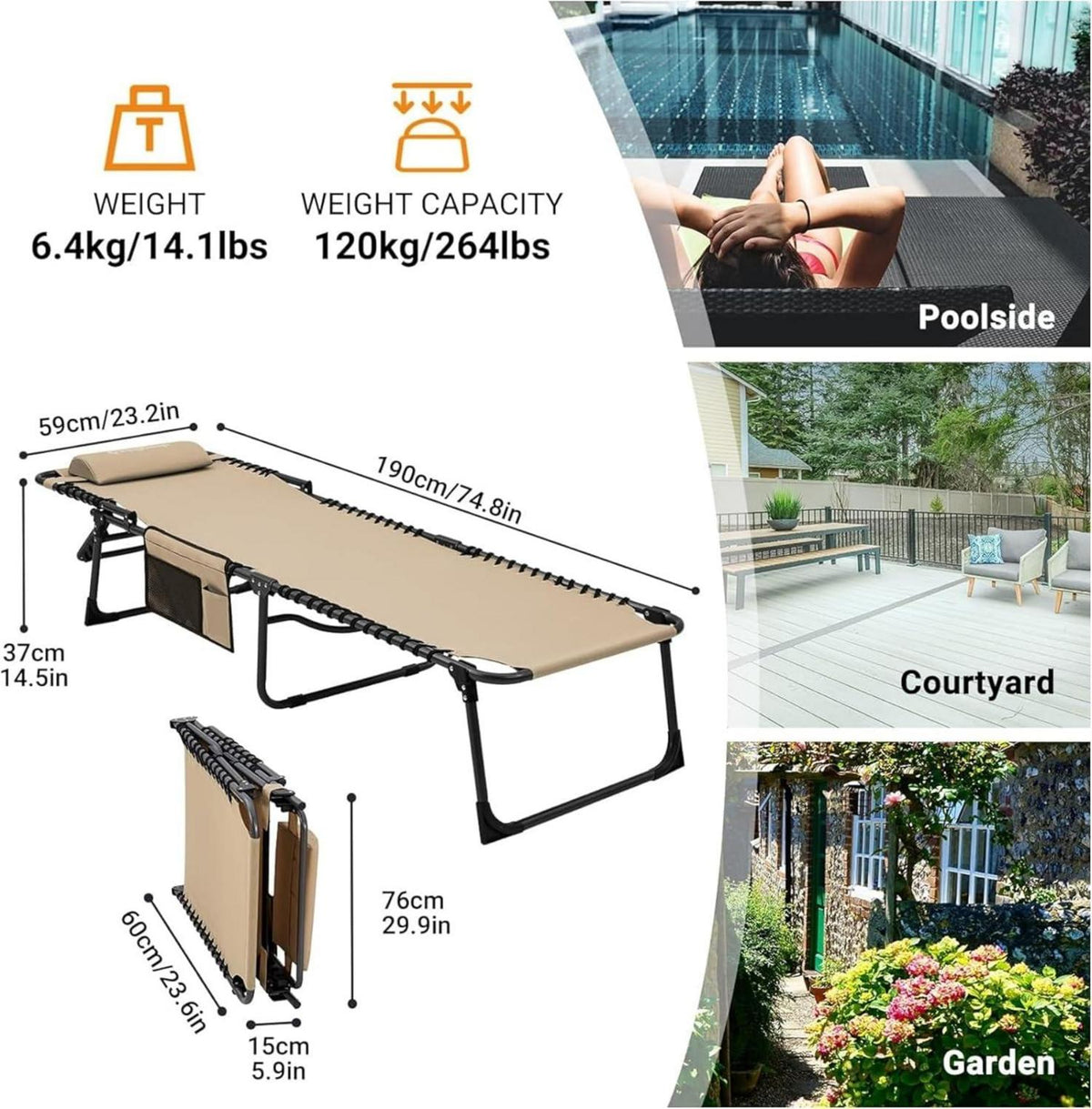 Campingliege Sonnenliege 5-Fach verstellbar bis 120 kg belastbar für