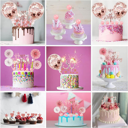 Tortendeko Rosegold Mädchen Happy Birthday 22 Stück Luftballons Papierfächer Sternen Kugel