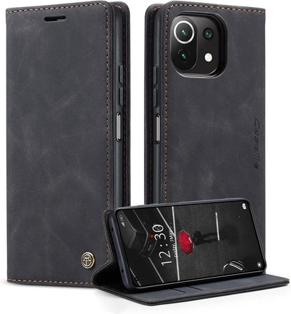 Xiaomi 11 Lite 5G NE Leder Handyhülle Schwarz Magnet Standfunktion