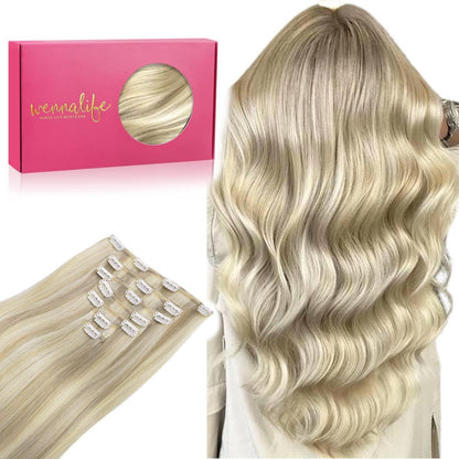 Echthaar Clip-Ins Aschblond mit Platin Highlights 35cm