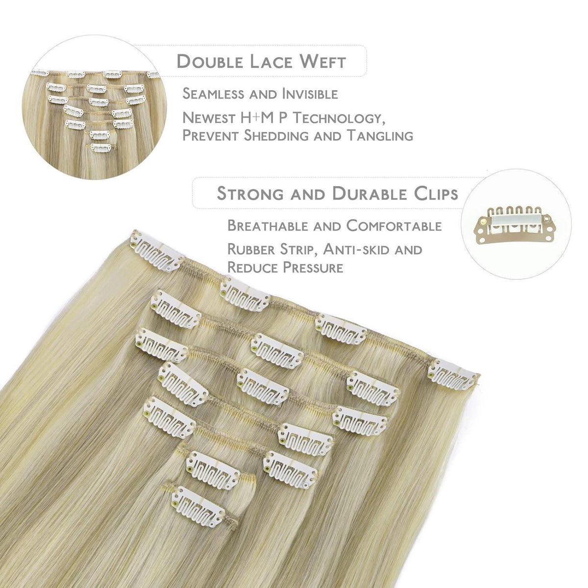Echthaar Clip-Ins Aschblond mit Platin Highlights 35cm