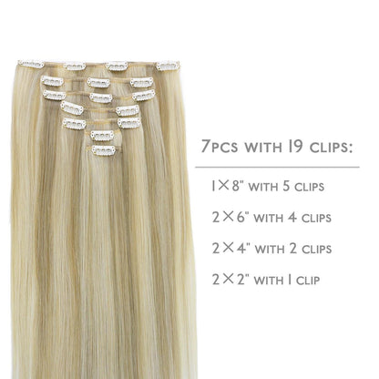 Echthaar Clip-Ins Aschblond Highlights Platinblond 45cm