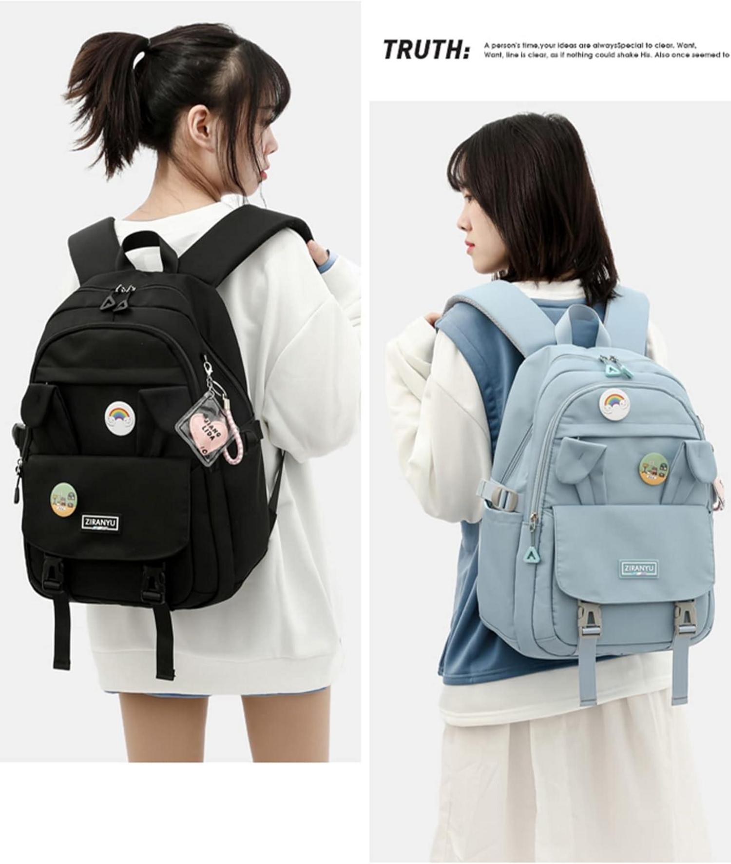 Schwarzer Damen Schulrucksack Mädchen Teenager Laptop-Rucksack 15,6 Zoll