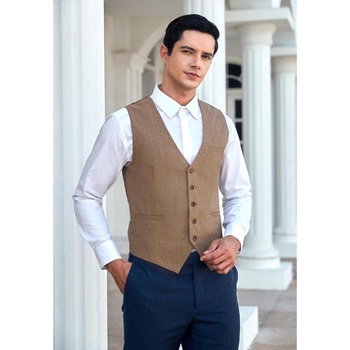 Herren Anzugweste Baumwolle V-Ausschnitt Elegant Retro Braun XS-4XL