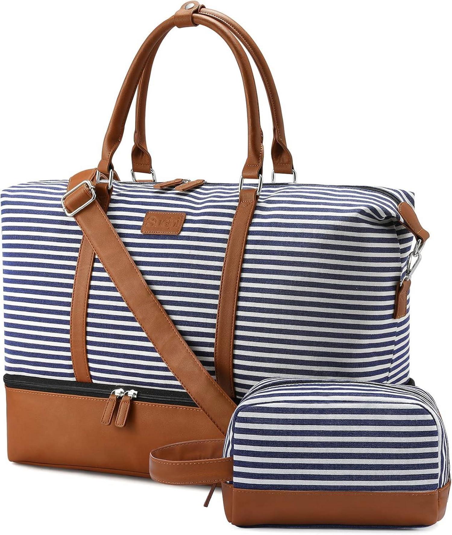 Große Damen Reisetasche Weekender Canvas PU-Leder Blau Gestreift