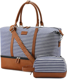 Große Damen Reisetasche Weekender Canvas PU-Leder Blau Gestreift
