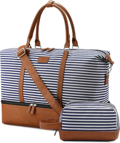 Große Damen Reisetasche Weekender Canvas PU-Leder Blau Gestreift