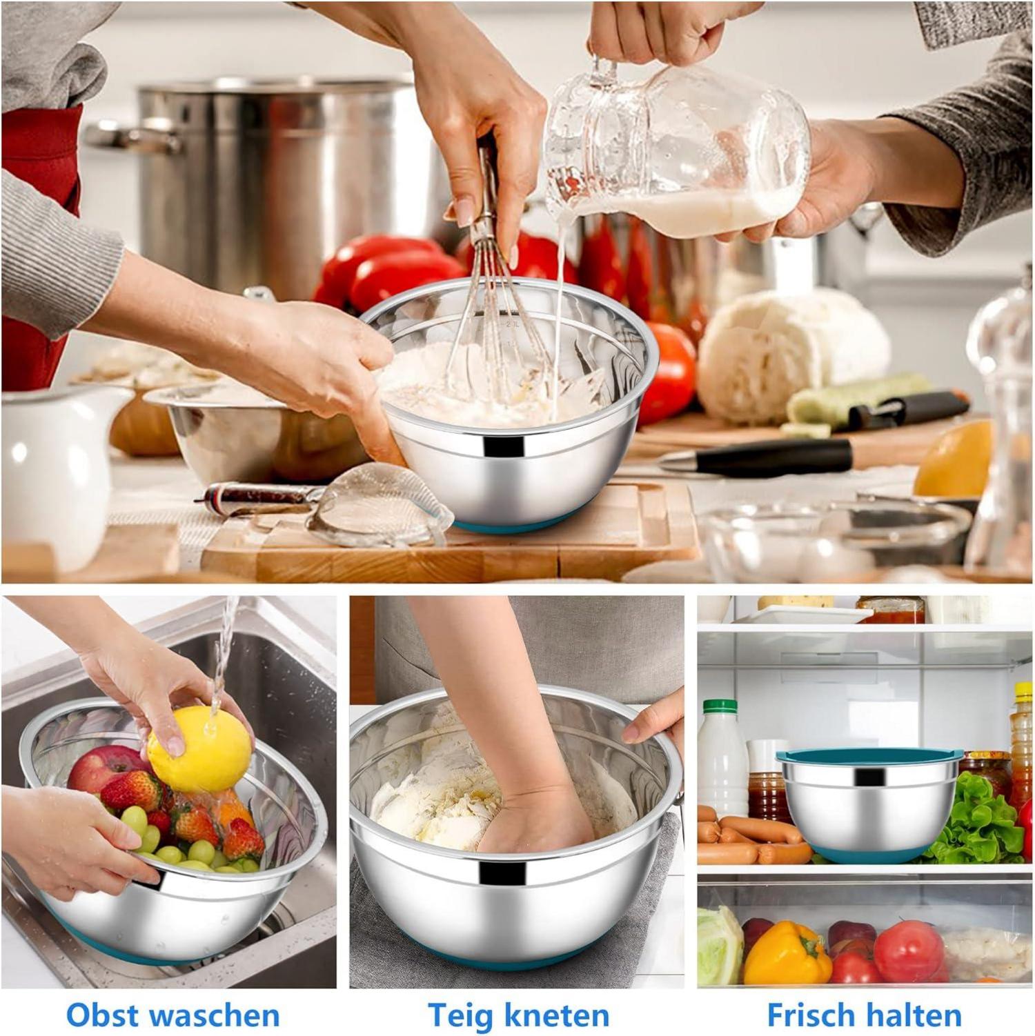 Edelstahl Rührschüssel Set 3er Salatschüssel Luftdicht Rutschfest - 4.6L / 2.8L