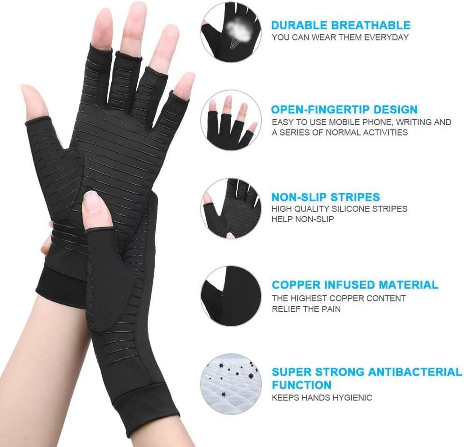 ACWOO Kupfer Arthritis Kompressionshandschuhe Fingerlos Schwarz Größe L