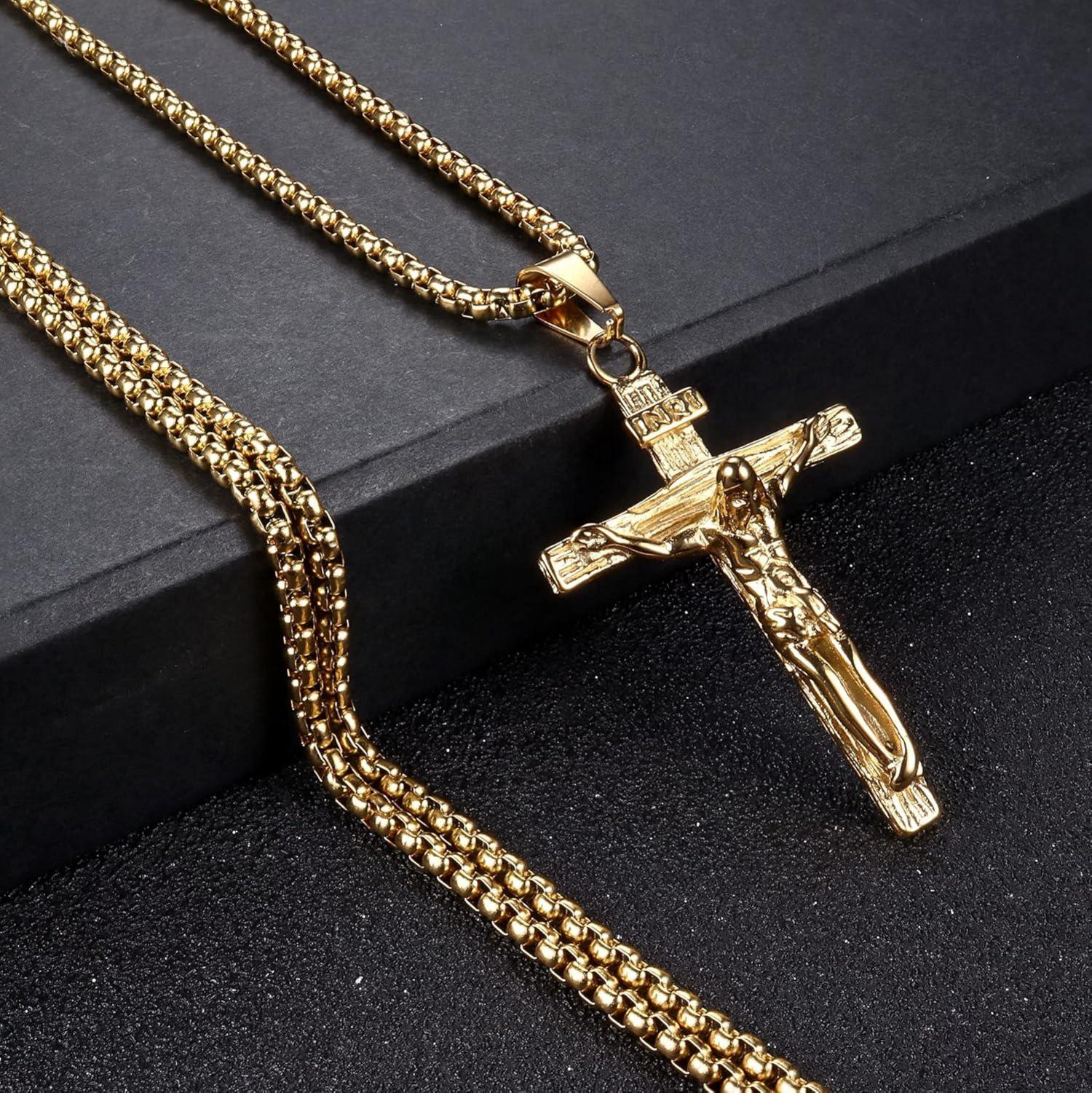 Kreuz Halskette Herren Edelstahl Jesus Anhänger 61 cm Religiöser Schmuck B:gold