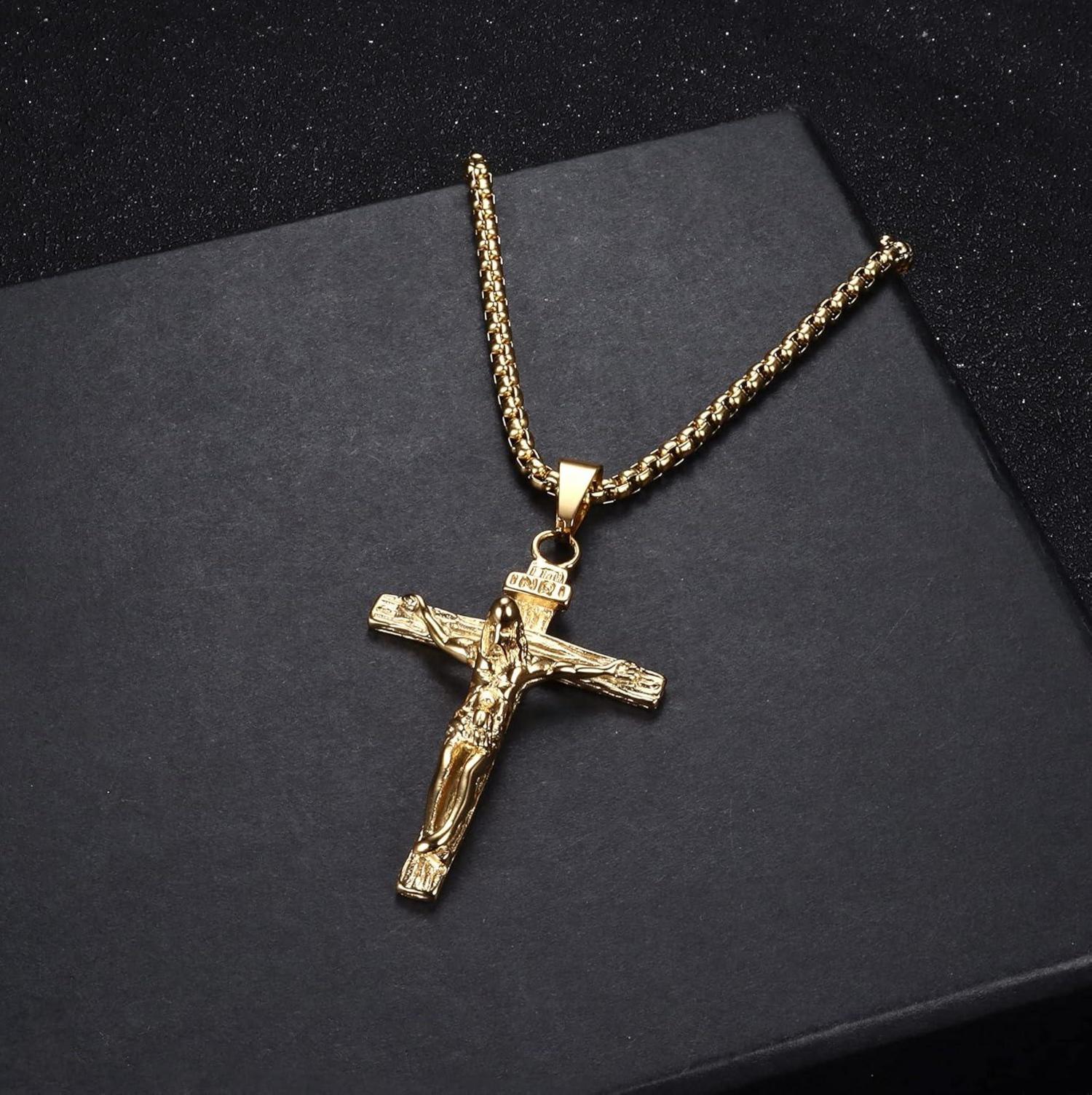Kreuz Halskette Herren Edelstahl Jesus Anhänger 61 cm Religiöser Schmuck B:gold