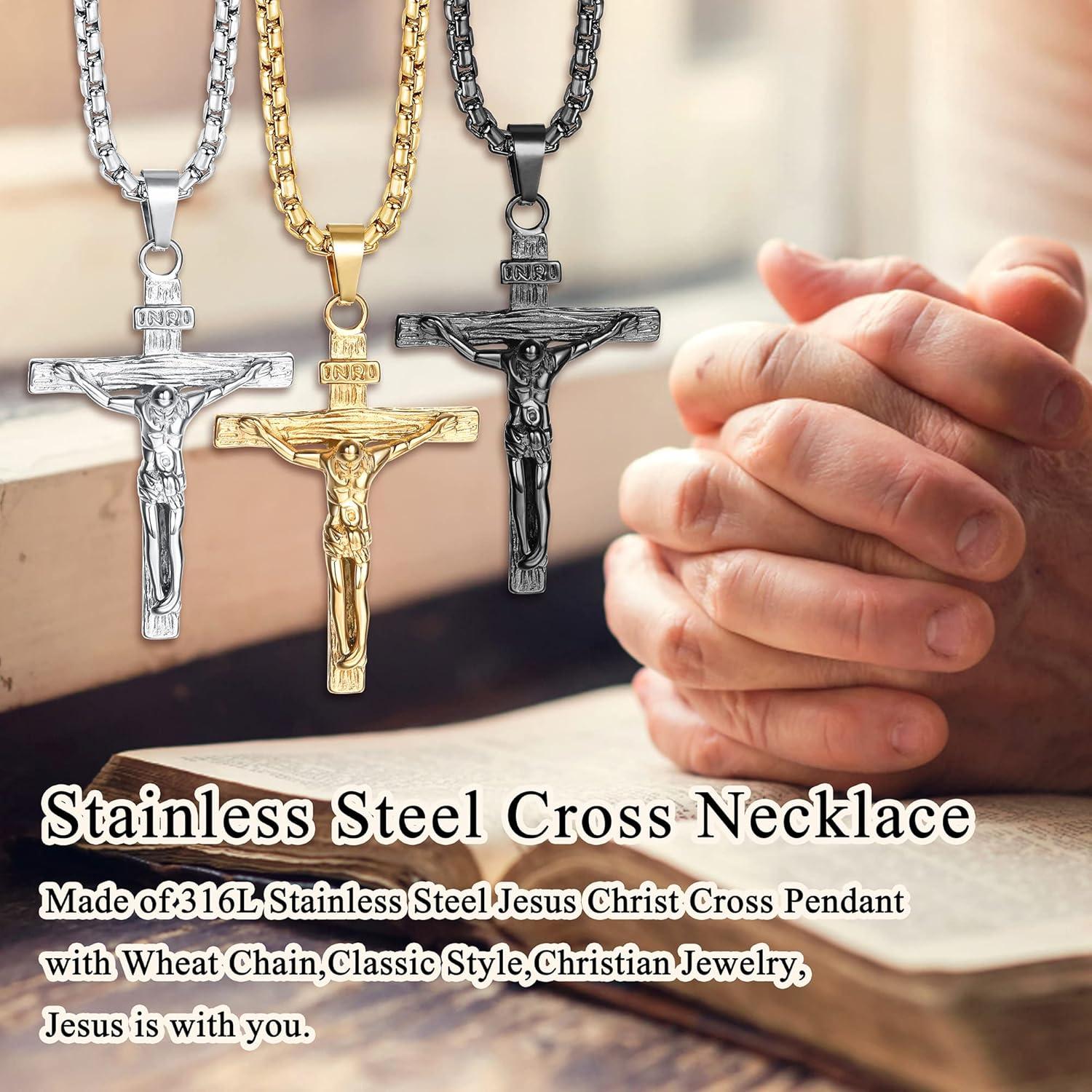 Herren Kreuz Halskette Edelstahl Jesus Kruzifix Anhänger 61cm Schwarz Gold