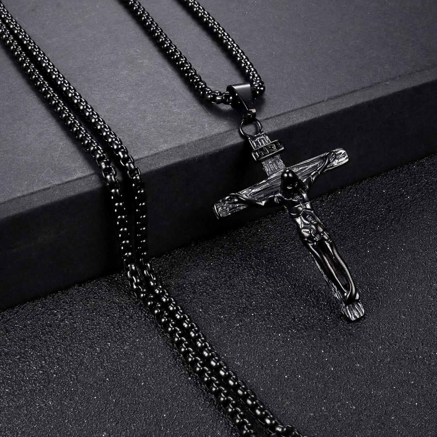 Kreuz Halskette Herren Edelstahl Jesus Kruzifix Anhänger schwarz 316L