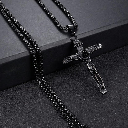Kreuz Halskette Herren Edelstahl Jesus Kruzifix Anhänger schwarz 316L