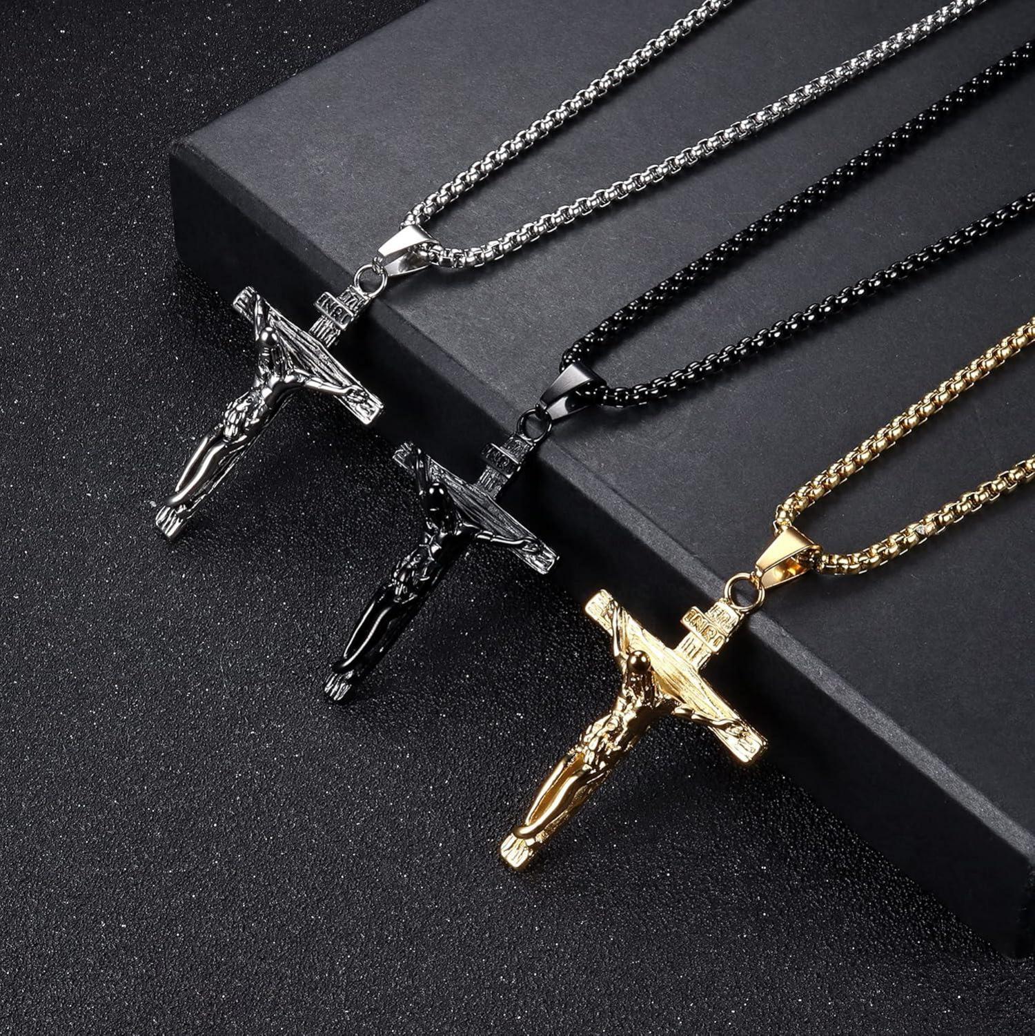 Herren Kreuz Halskette Edelstahl Jesus Kruzifix Anhänger 61cm Schwarz Gold