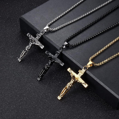 Herren Kreuz Halskette Edelstahl Jesus Kruzifix Anhänger 61cm Schwarz Gold