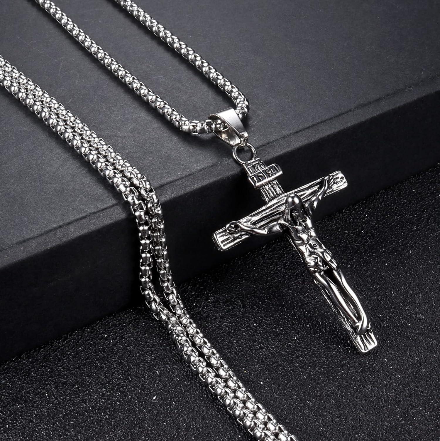 Herren Edelstahl Kreuz Halskette Jesus Kruzifix Anhänger 61cm Silber