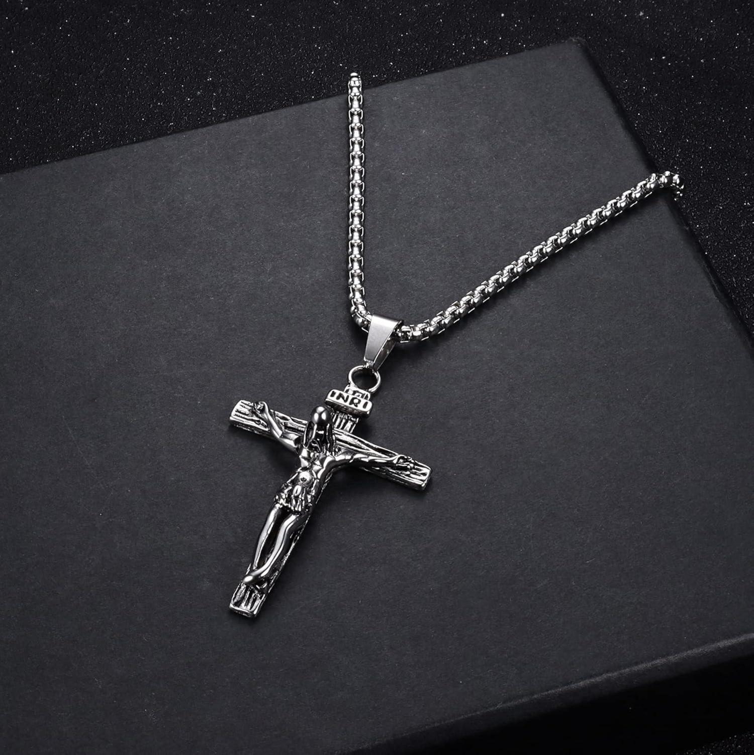 Herren Edelstahl Kreuz Halskette Jesus Kruzifix Anhänger 61cm Silber