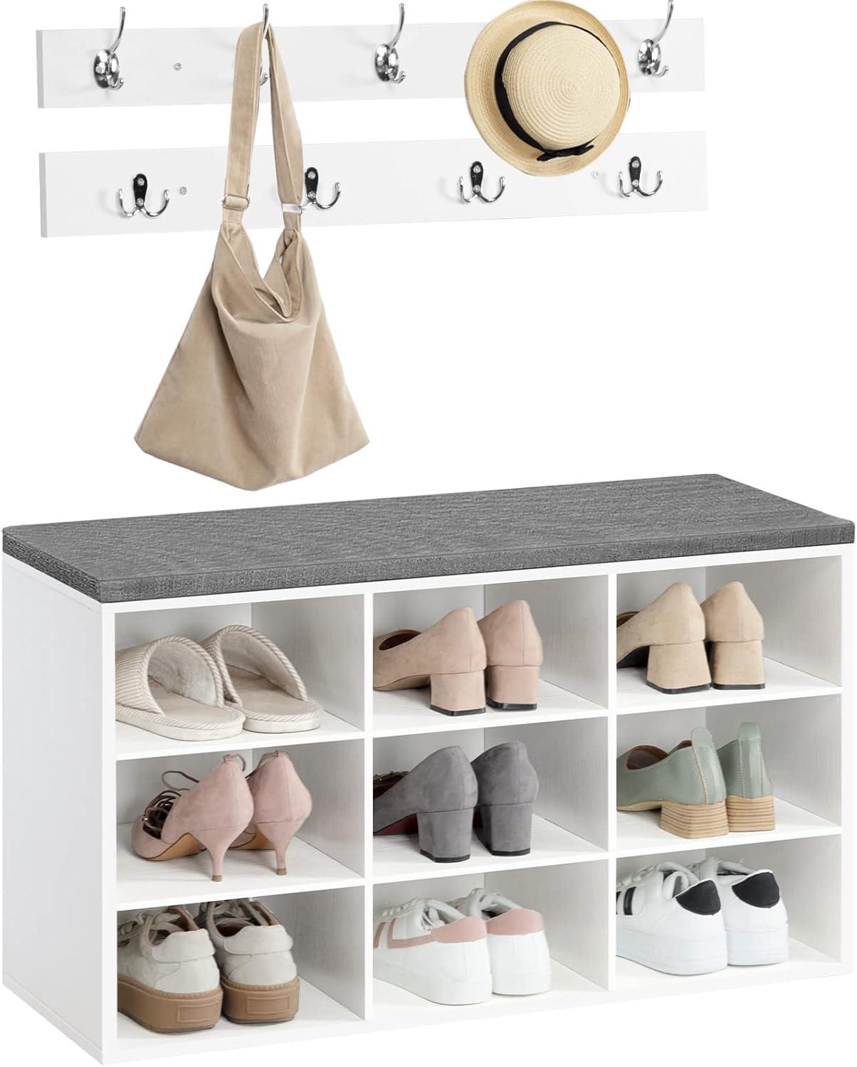 HOOBRO Garderobe Schuhregal Set mit Sitzbank und 9 Haken Weiß Grau