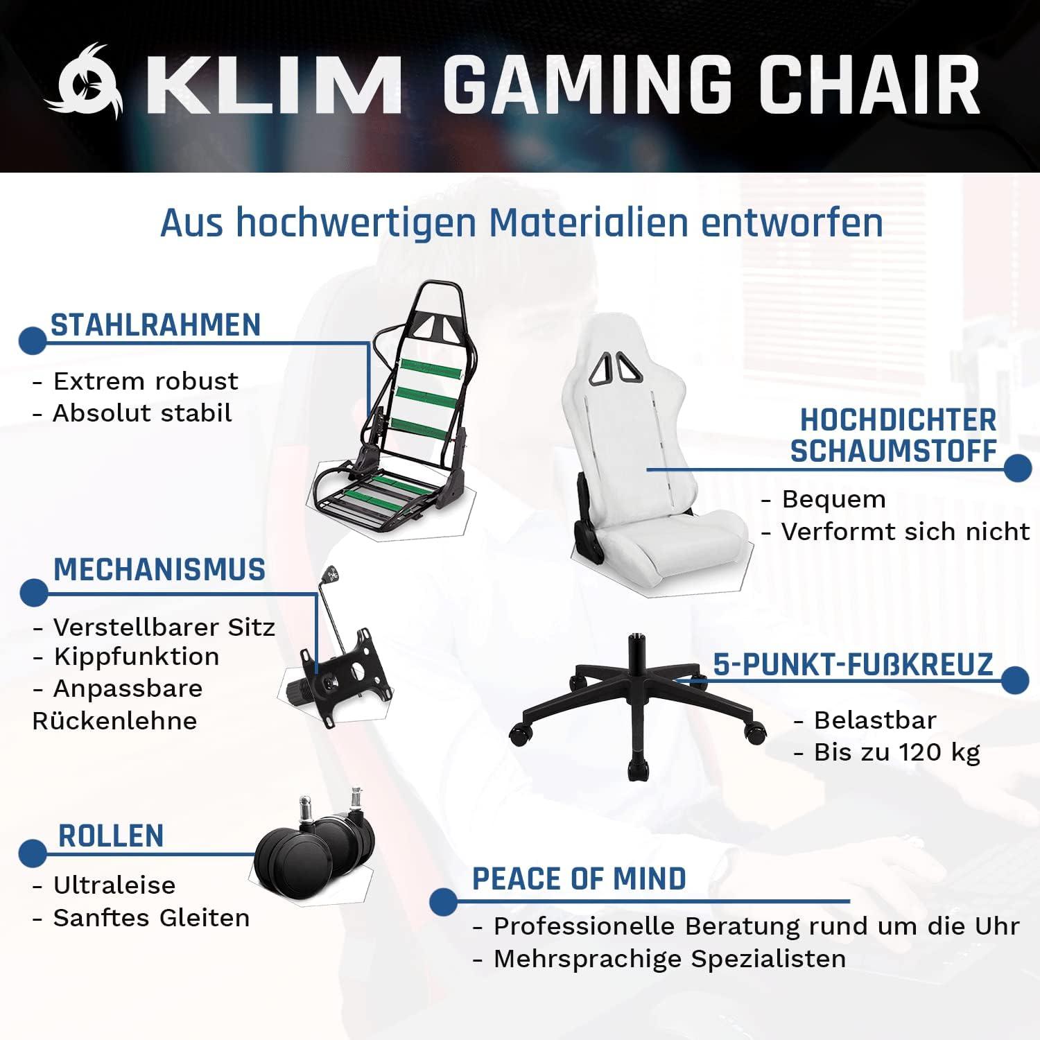KLIM Gaming Chair 2024 - Ergonomischer Computerstuhl, Rädern, verstellbaren Armlehnen, PU-Leder, Schwarz