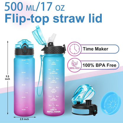 Kinder Trinkflasche mit Zeitmarkierungen und Strohhalm 500ml
