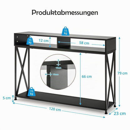 Schmaler Konsolentisch mit X-Rahmen & 2 Ebenen – Schwarz