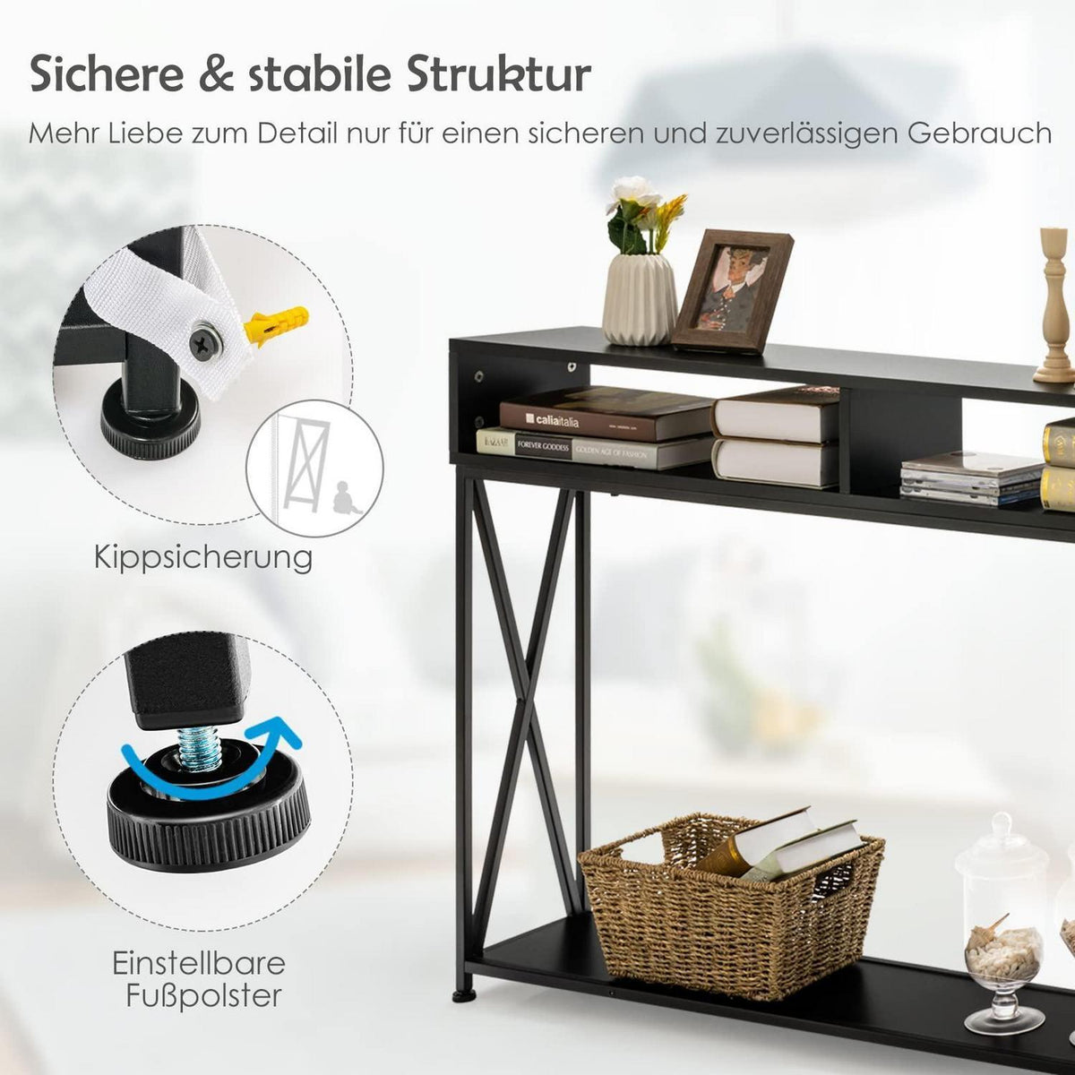 Schmaler Konsolentisch mit X-Rahmen & 2 Ebenen – Schwarz