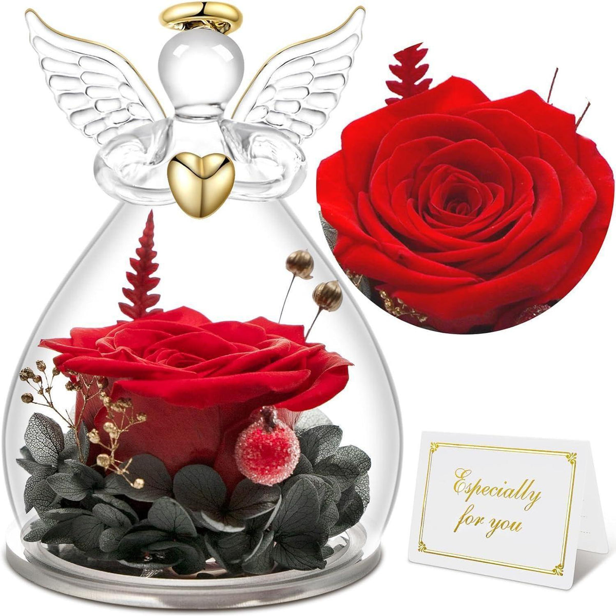 Ewige Rose im Glas mit Engel Figur, Geschenk für Frauen