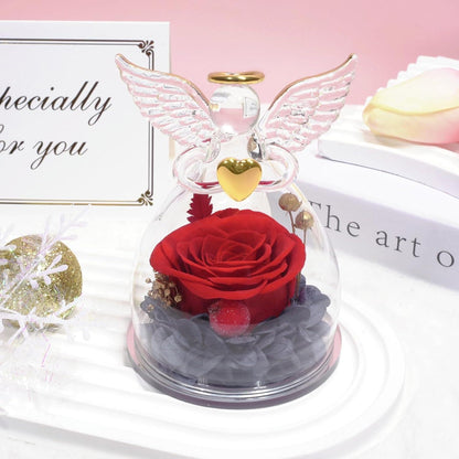 Ewige Rose im Glas mit Engel Figur, Geschenk für Frauen