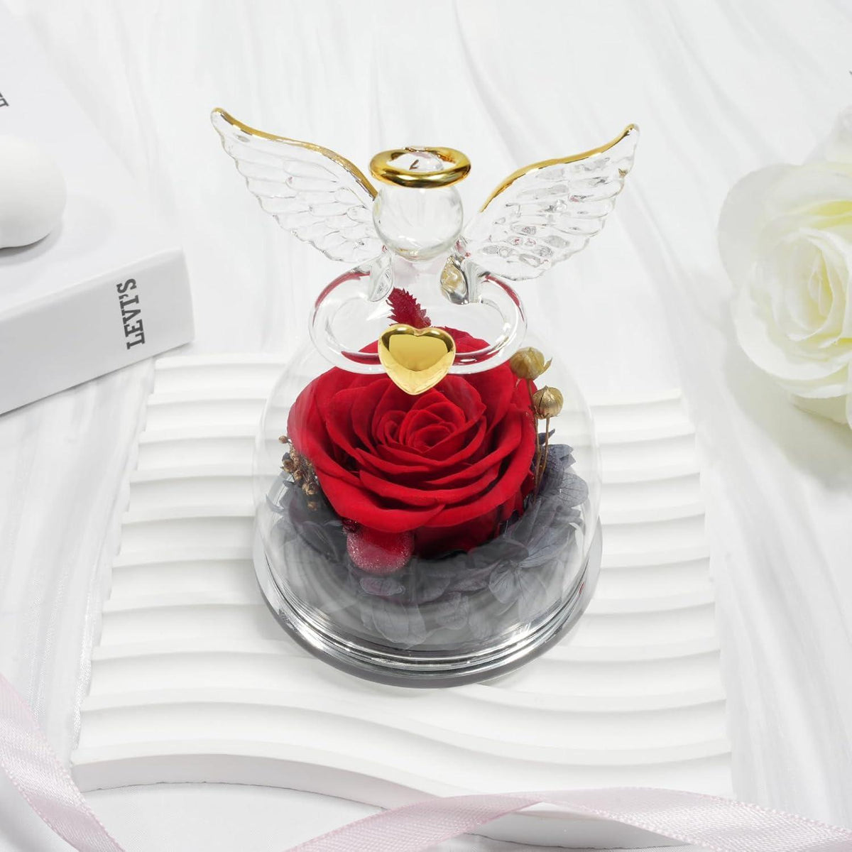 Ewige Rose im Glas mit Engel Figur, Geschenk für Frauen