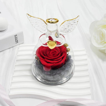 Ewige Rose im Glas mit Engel Figur, Geschenk für Frauen