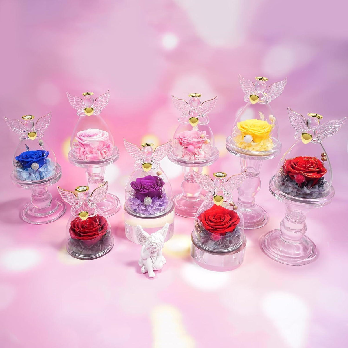 Ewige Rose im Glas mit Engel Figur, Geschenk für Frauen