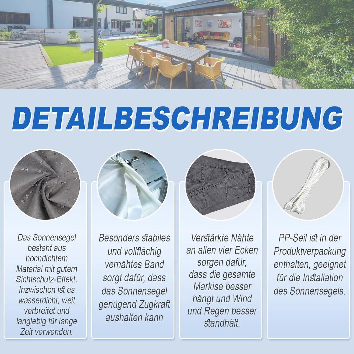 Wasserdichtes Sonnensegel 4x6m Anthrazit 95% UV-Schutz Polyester