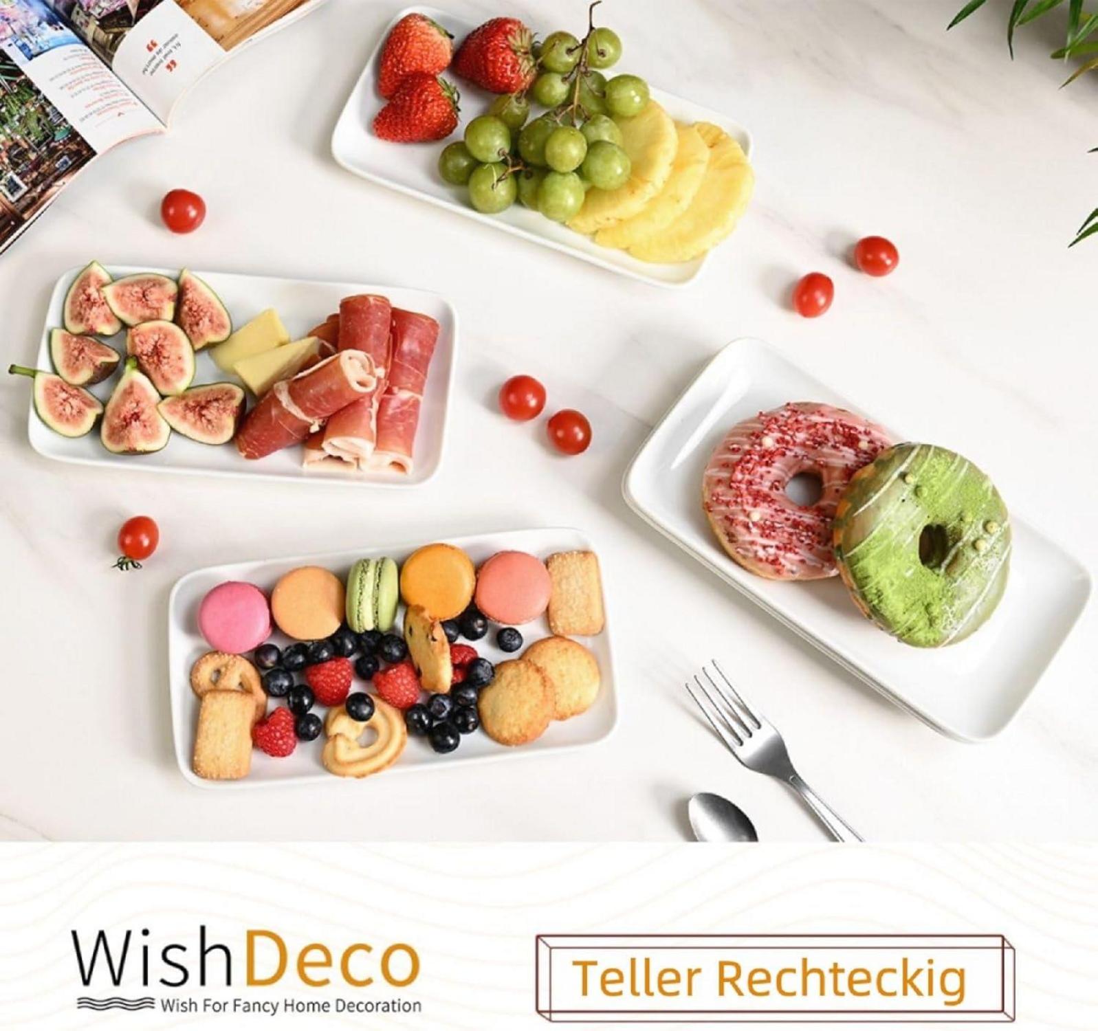 WishDeco Porzellan Teller Rechteckig Weiß 6er Set 23x12cm