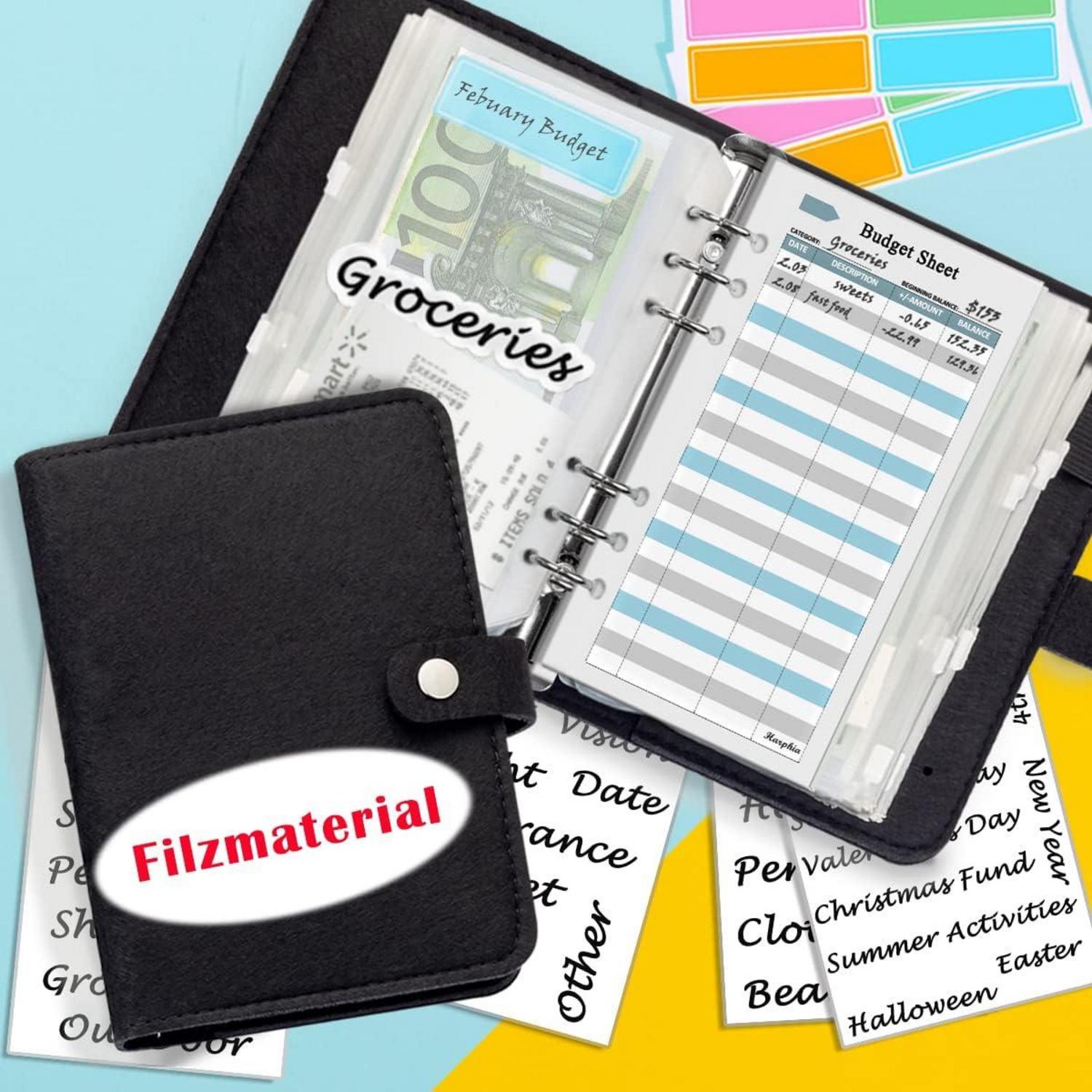 Schwarzes Wollfilz Budget Planner Set mit A6 Geldumschlägen