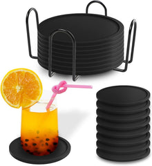 8er Set Schwarze Silikon-Glasuntersetzer für Getränke-Tischschutz