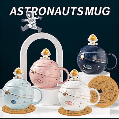 Kawaii Astronaut Planet Tasse Keramik Weltraum Prägung Deckel Löffel Blau